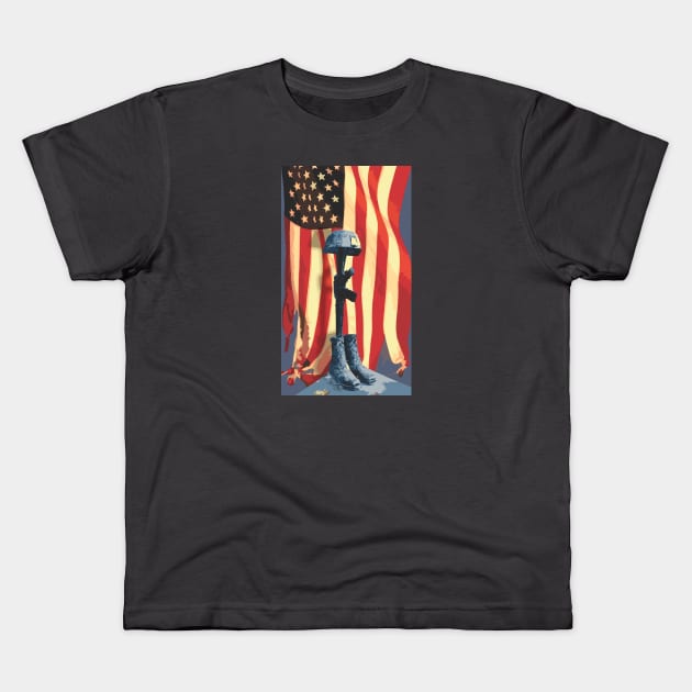 Fallen Soldier with Flag Kids T-Shirt by Northofthepines